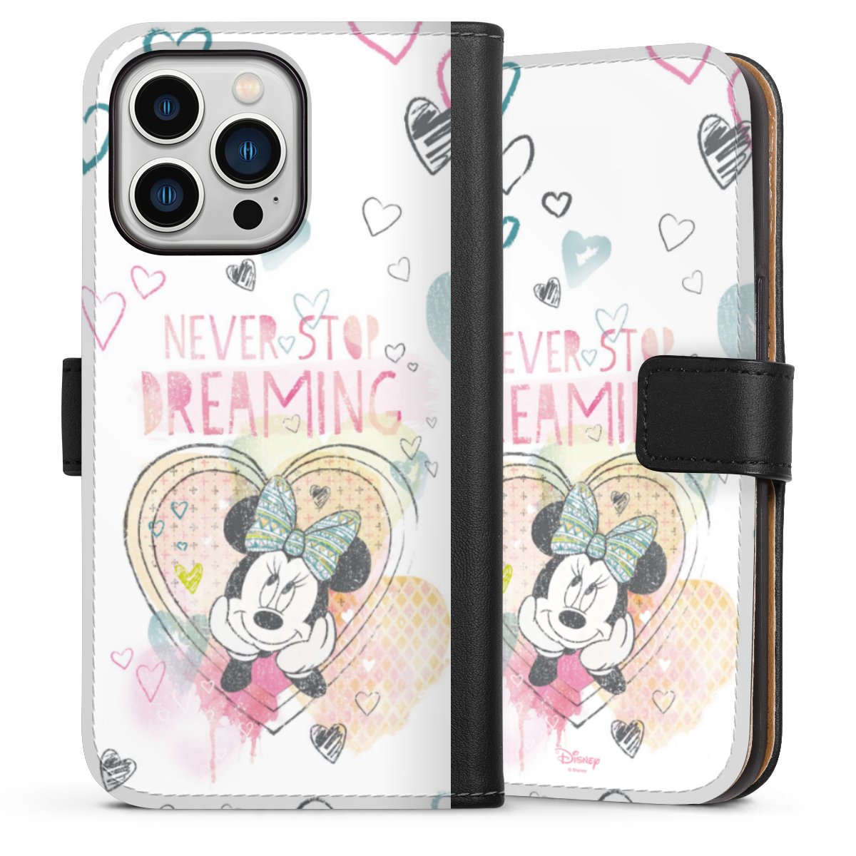 iPhone 13 Pro Handy Klapphülle Handyhülle aus Kunst Leder schwarz Flip Case Disney Official Licensed Product Minnie Mouse Sideflip mit Lasche