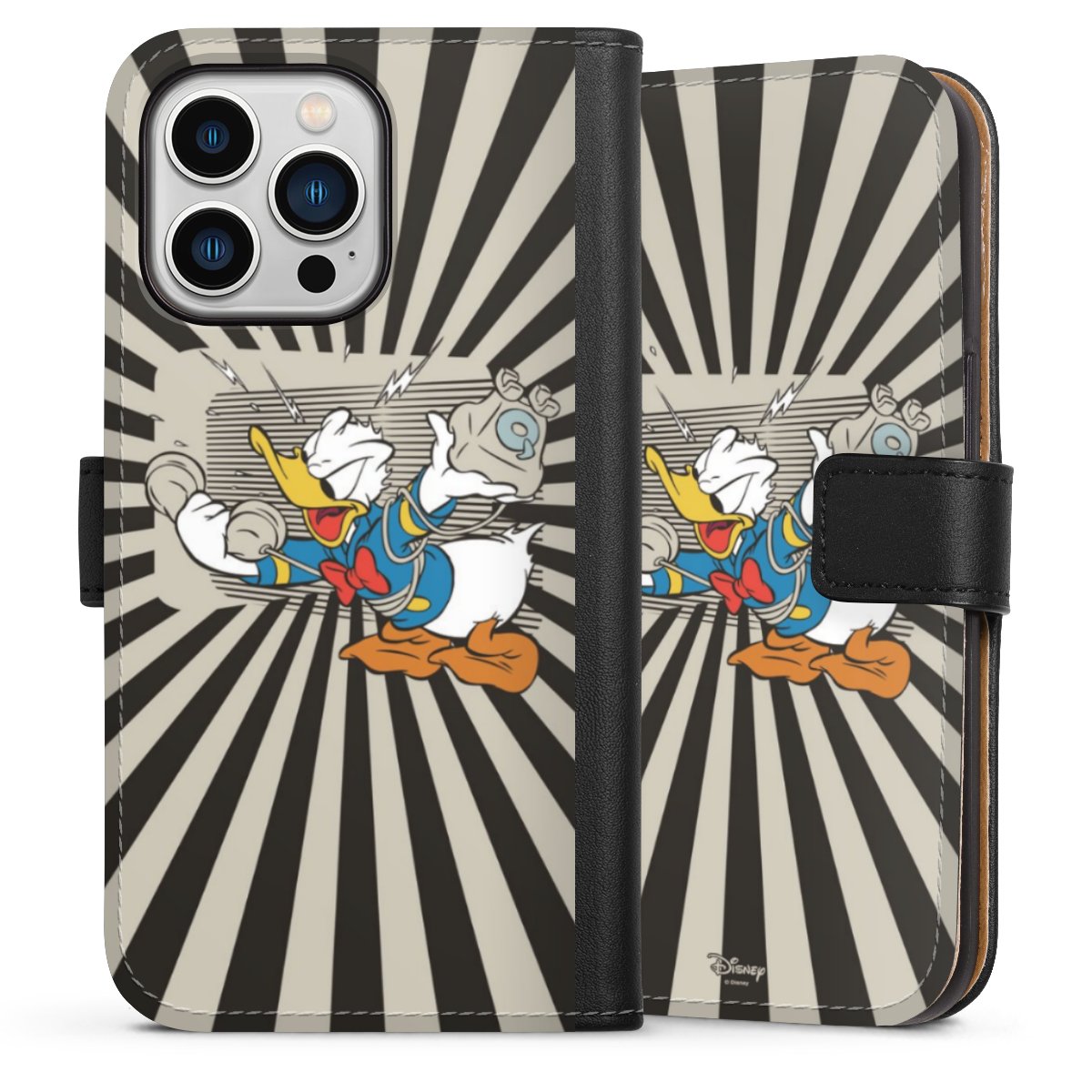 iPhone 13 Pro Handy Klapphülle Handyhülle aus Kunst Leder schwarz Flip Case Donald Duck Disney Official Licensed Product Sideflip mit Lasche