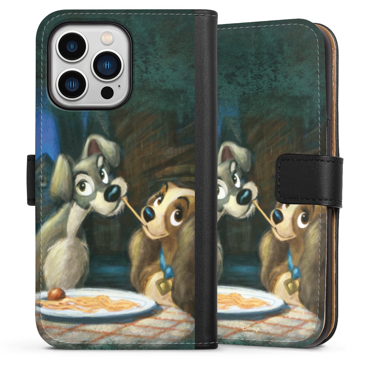 iPhone 13 Pro Handy Klapphülle Handyhülle aus Kunst Leder schwarz Flip Case Lady And The Tramp Official Licensed Product Disney Sideflip mit Lasche