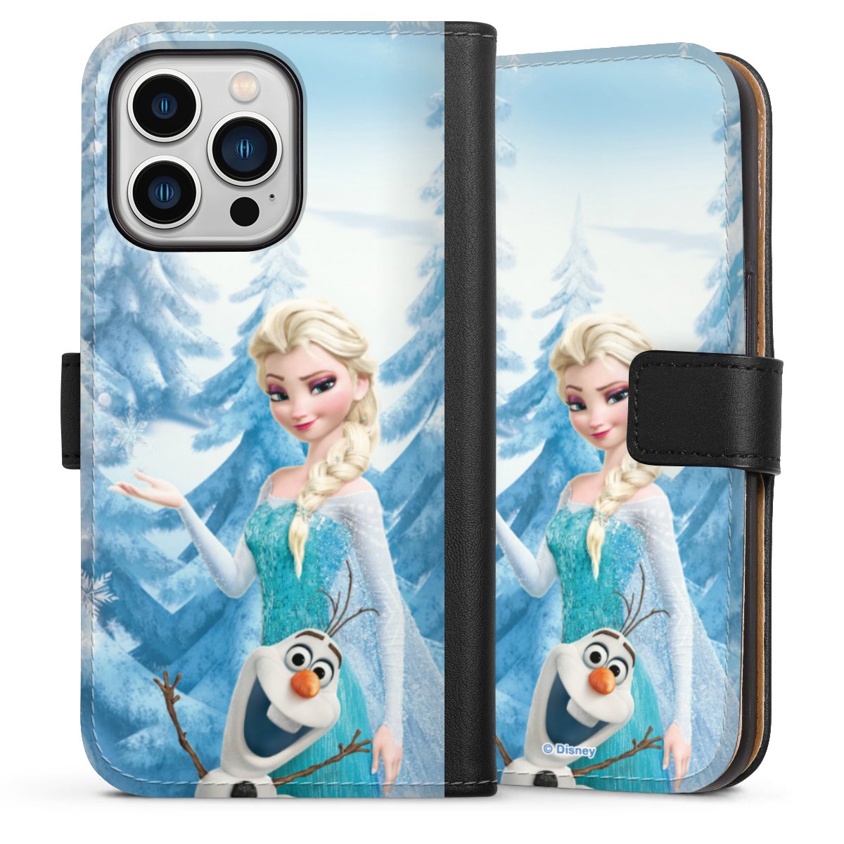 iPhone 13 Pro Handy Klapphülle Handyhülle aus Kunst Leder schwarz Flip Case Official Licensed Product Frozen Elsa Disney Sideflip mit Lasche