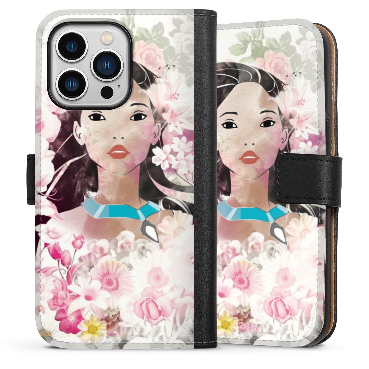 iPhone 13 Pro Handy Klapphülle Handyhülle aus Kunst Leder schwarz Flip Case Pocahontas Official Licensed Product Disney Sideflip mit Lasche