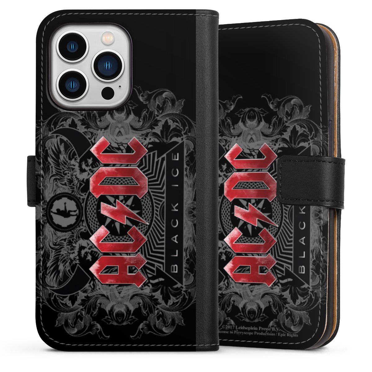 iPhone 13 Pro Handy Klapphülle Handyhülle aus Kunst Leder schwarz Flip Case Merchandise Black Ice Acdc Sideflip mit Lasche