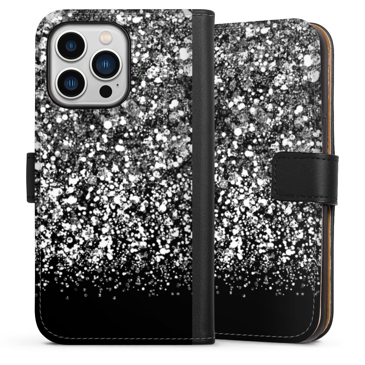 iPhone 13 Pro Handy Klapphülle Handyhülle aus Kunst Leder schwarz Flip Case Glitzer Snowflake Muster Sideflip mit Lasche