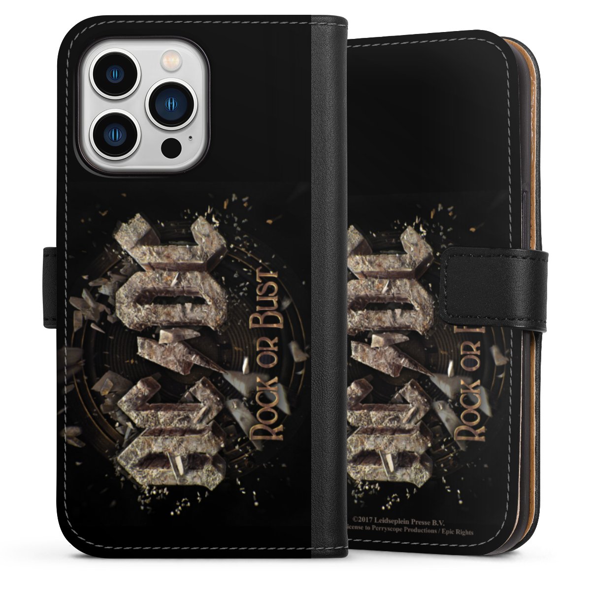 iPhone 13 Pro Handy Klapphülle Handyhülle aus Kunst Leder schwarz Flip Case Acdc Official Licensed Product Rock Or Bust Sideflip mit Lasche