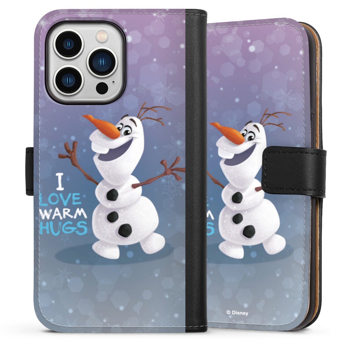 iPhone 13 Pro Handy Klapphülle Handyhülle aus Kunst Leder schwarz Flip Case Frozen Frozen Olaf Official Licensed Product Sideflip mit Lasche