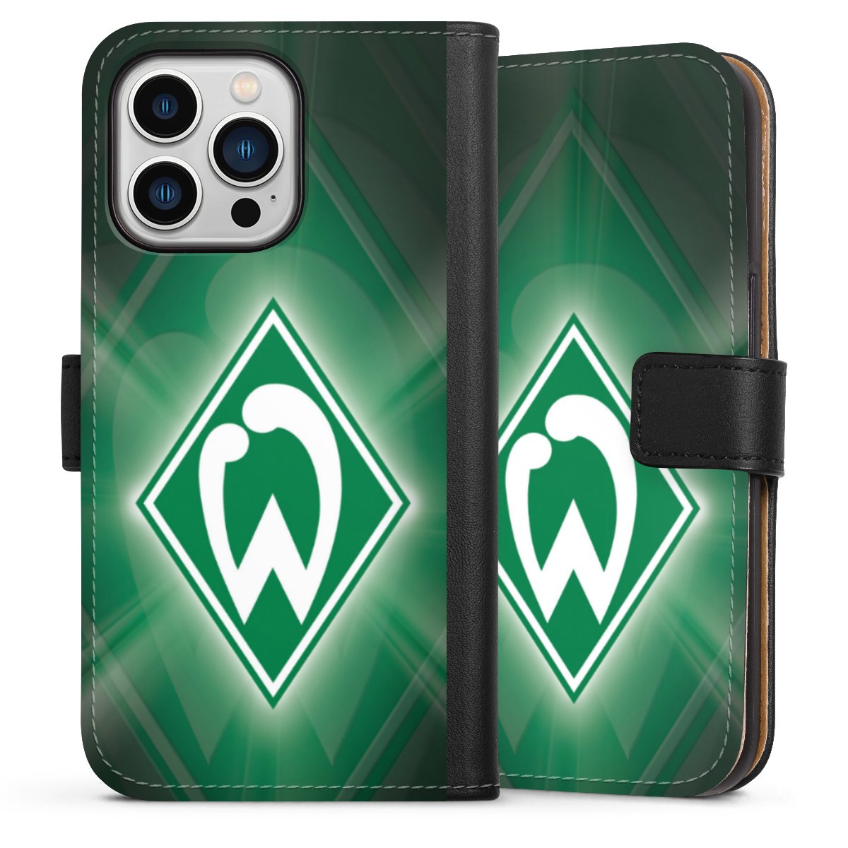 iPhone 13 Pro Handy Klapphülle Handyhülle aus Kunst Leder schwarz Flip Case Sv Werder Bremen Official Licensed Product Coat Of Arms Sideflip mit Lasche