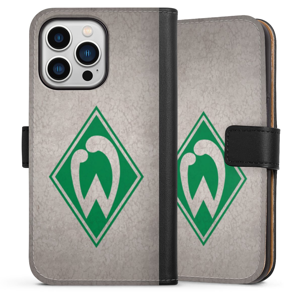 iPhone 13 Pro Handy Klapphülle Handyhülle aus Kunst Leder schwarz Flip Case Sv Werder Bremen Concrete Official Licensed Product Sideflip mit Lasche