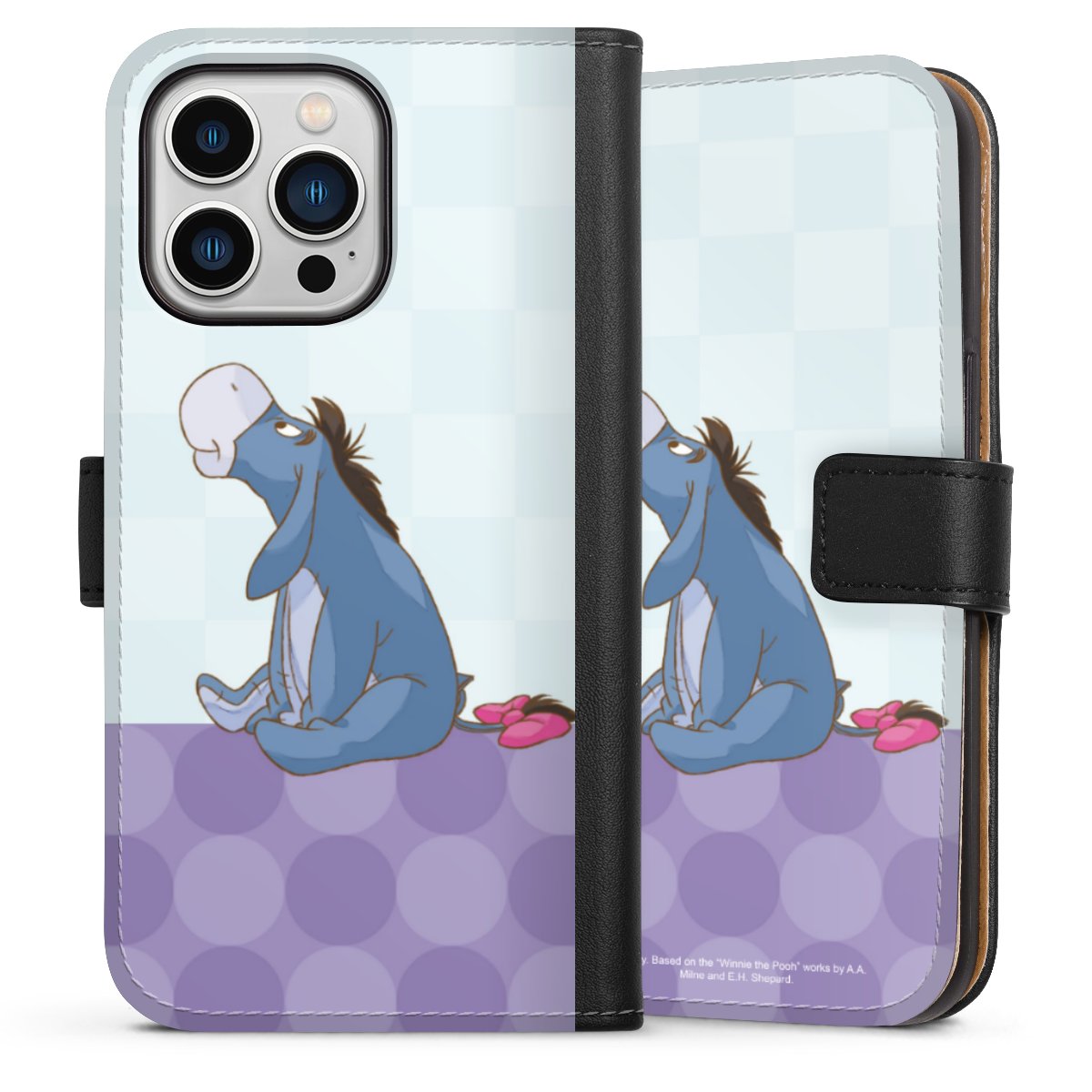 iPhone 13 Pro Handy Klapphülle Handyhülle aus Kunst Leder schwarz Flip Case Disney Donkey Winnie The Pooh Sideflip mit Lasche