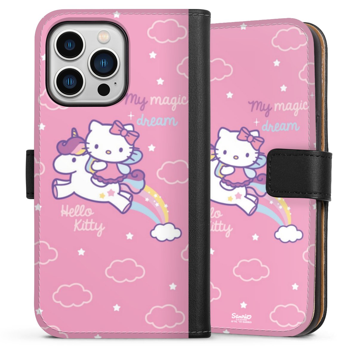 iPhone 13 Pro Handy Klapphülle Handyhülle aus Kunst Leder schwarz Flip Case Einhorn Official Licensed Product Hello Kitty Sideflip mit Lasche