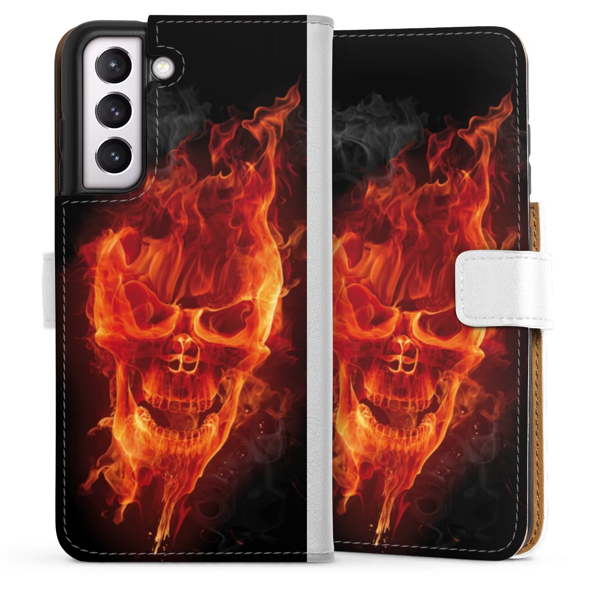 Galaxy S21 FE 5G Handy Klapphülle Handyhülle aus Kunst Leder weiß Flip Case Totenkopf Skull Fire Sideflip mit Lasche