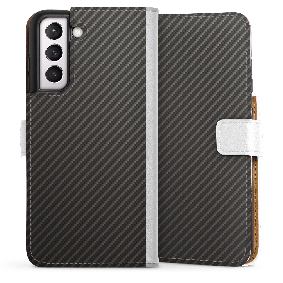 Galaxy S21 FE 5G Handy Klapphülle Handyhülle aus Kunst Leder weiß Flip Case Metallic Look Carbon Muster Sideflip mit Lasche