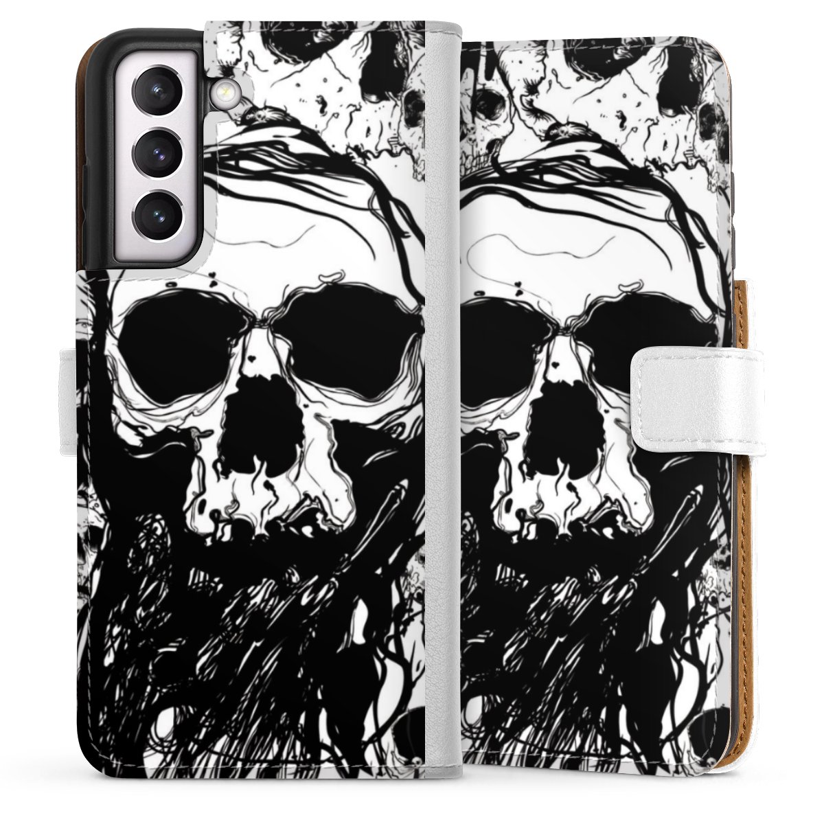 Galaxy S21 FE 5G Handy Klapphülle Handyhülle aus Kunst Leder weiß Flip Case Totenkopf Halloween Sideflip mit Lasche