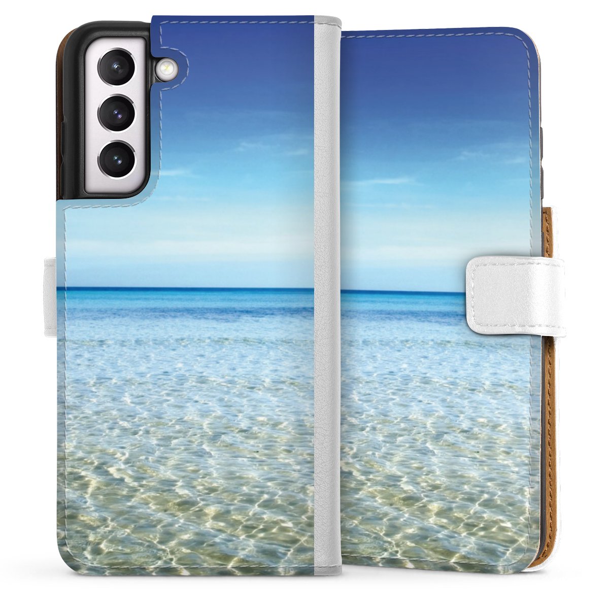 Galaxy S21 FE 5G Handy Klapphülle Handyhülle aus Kunst Leder weiß Flip Case Urlaub Sky Ocean Sideflip mit Lasche