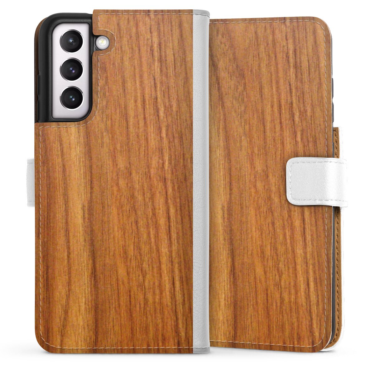 Galaxy S21 FE 5G Handy Klapphülle Handyhülle aus Kunst Leder weiß Flip Case Wood Larch Wooden Look Sideflip mit Lasche