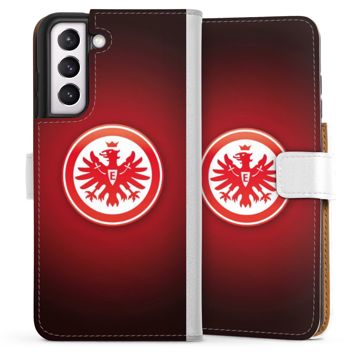 Galaxy S21 FE 5G Handy Klapphülle Handyhülle aus Kunst Leder weiß Flip Case Eintracht Frankfurt Official Licensed Product Coat Of Arms Sideflip mit Lasche