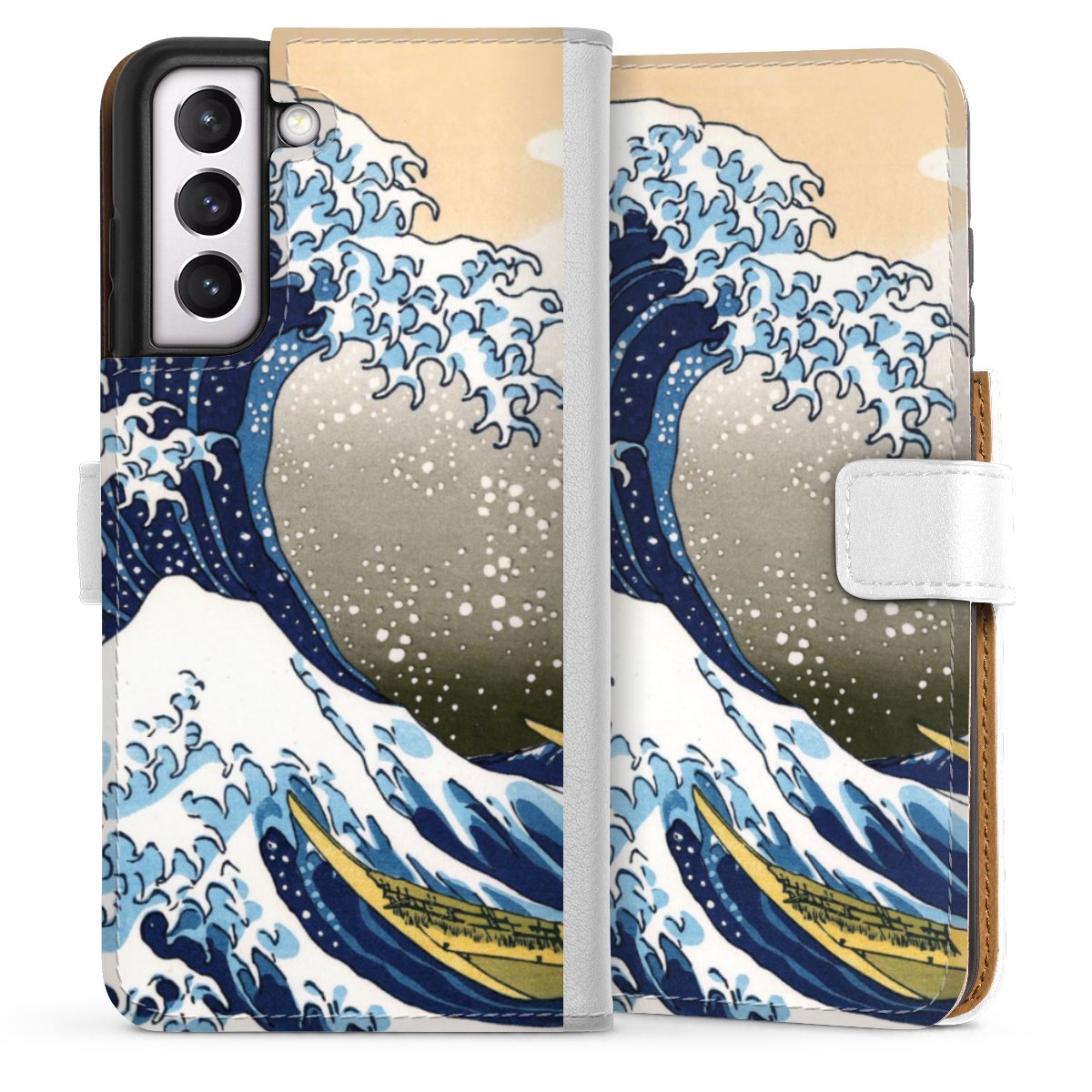 Galaxy S21 FE 5G Handy Klapphülle Handyhülle aus Kunst Leder weiß Flip Case Kunst Katsushika Hokusai Die Große Welle Vor Kanagawa Sideflip mit Lasche