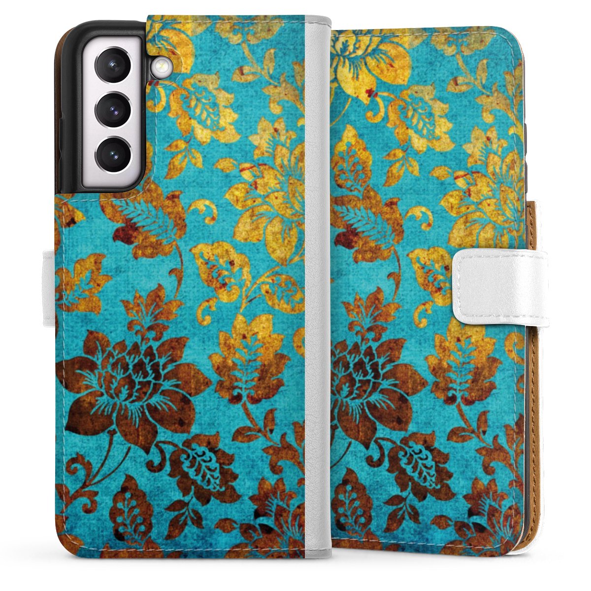 Galaxy S21 FE 5G Handy Klapphülle Handyhülle aus Kunst Leder weiß Flip Case Ornament Vintage Flowers Sideflip mit Lasche