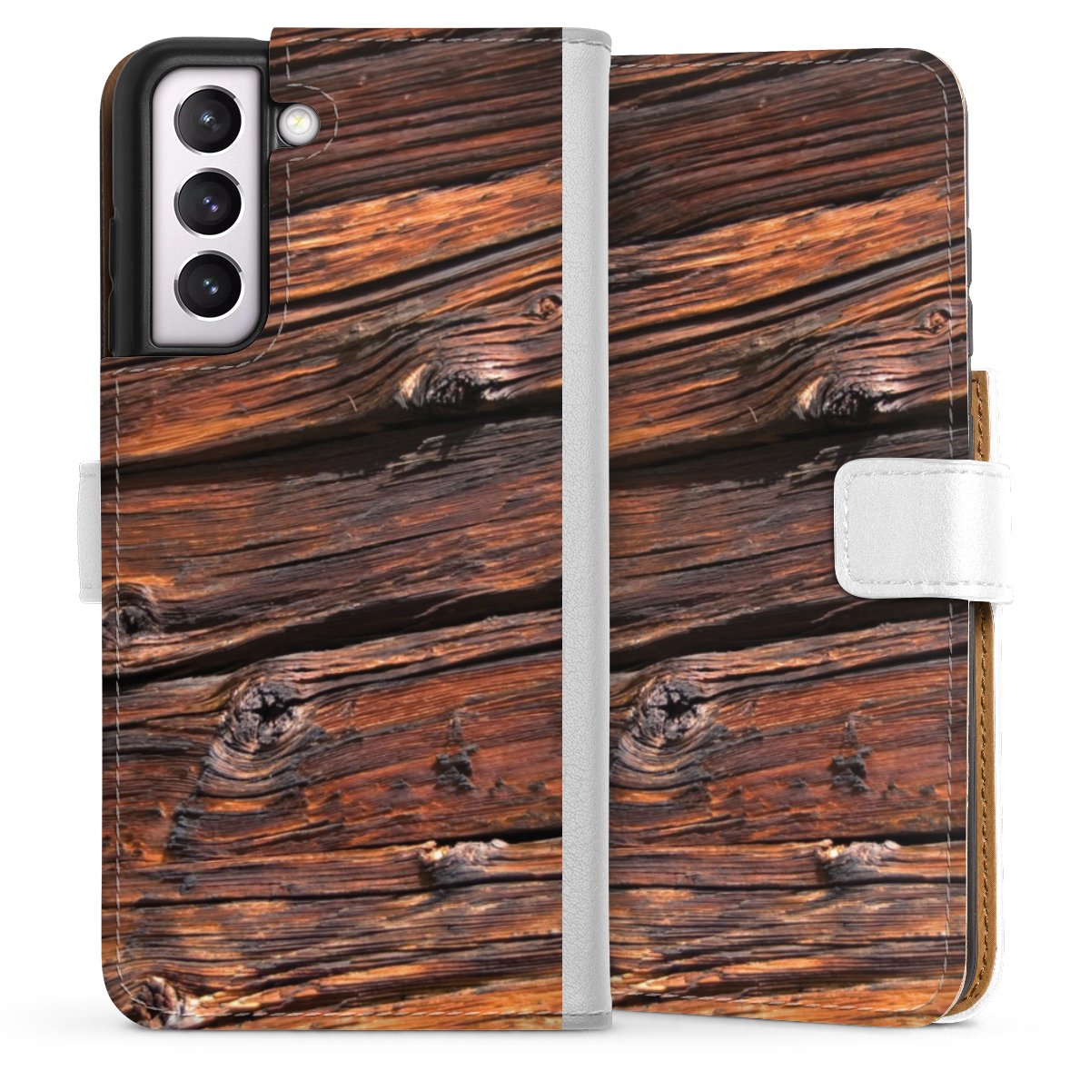 Galaxy S21 FE 5G Handy Klapphülle Handyhülle aus Kunst Leder weiß Flip Case Beams Wooden Look Wood Sideflip mit Lasche