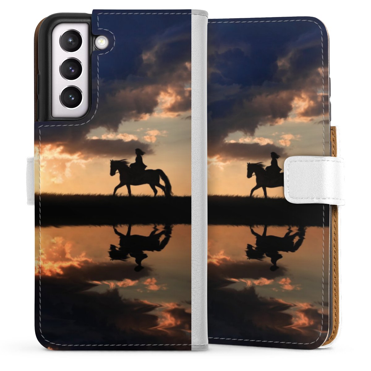 Galaxy S21 FE 5G Handy Klapphülle Handyhülle aus Kunst Leder weiß Flip Case Horse Sunset Horseback Riding Sideflip mit Lasche