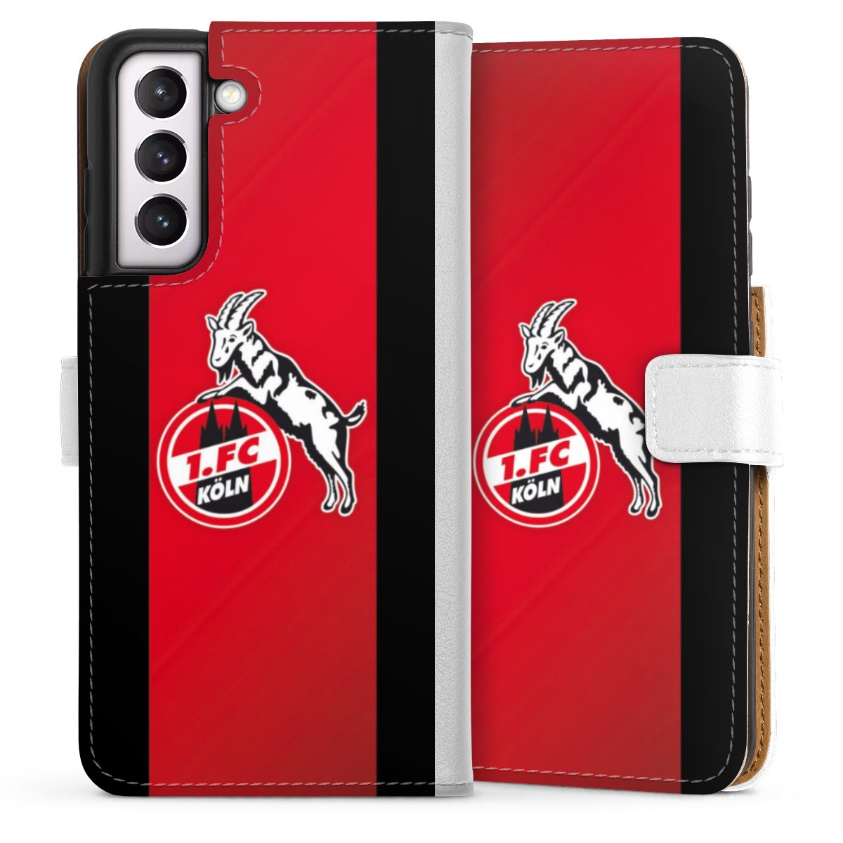 Galaxy S21 FE 5G Handy Klapphülle Handyhülle aus Kunst Leder weiß Flip Case Official Licensed Product Billy Goat Hennes 1. Fc Köln Sideflip mit Lasche