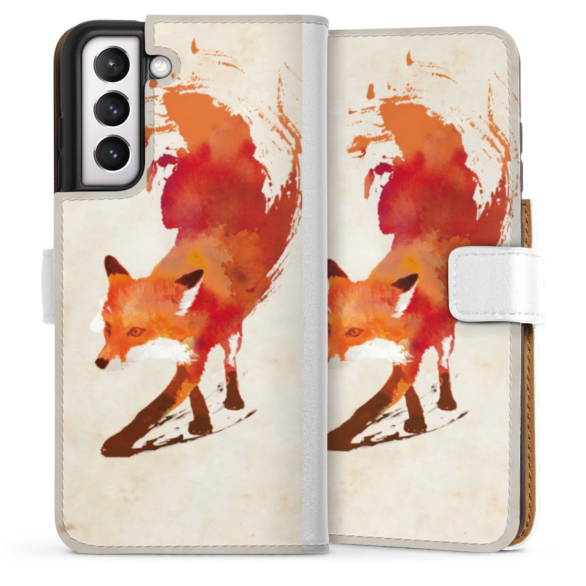 Galaxy S21 FE 5G Handy Klapphülle Handyhülle aus Kunst Leder weiß Flip Case Fox Graphic Sideflip mit Lasche