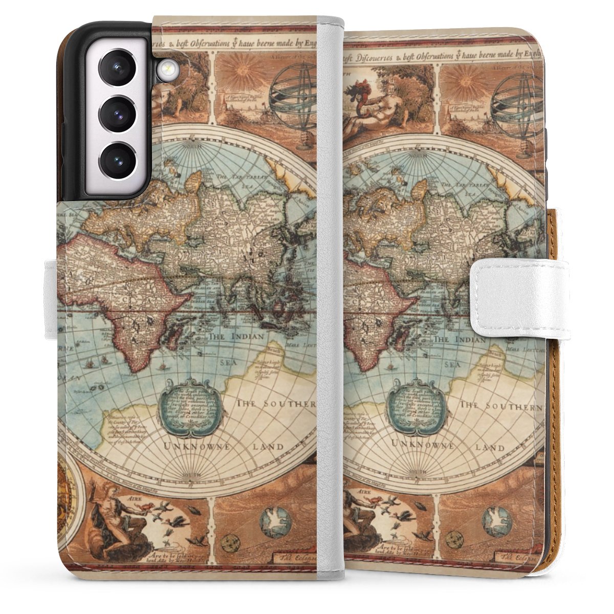 Galaxy S21 FE 5G Handy Klapphülle Handyhülle aus Kunst Leder weiß Flip Case World Map Vintage Map Sideflip mit Lasche