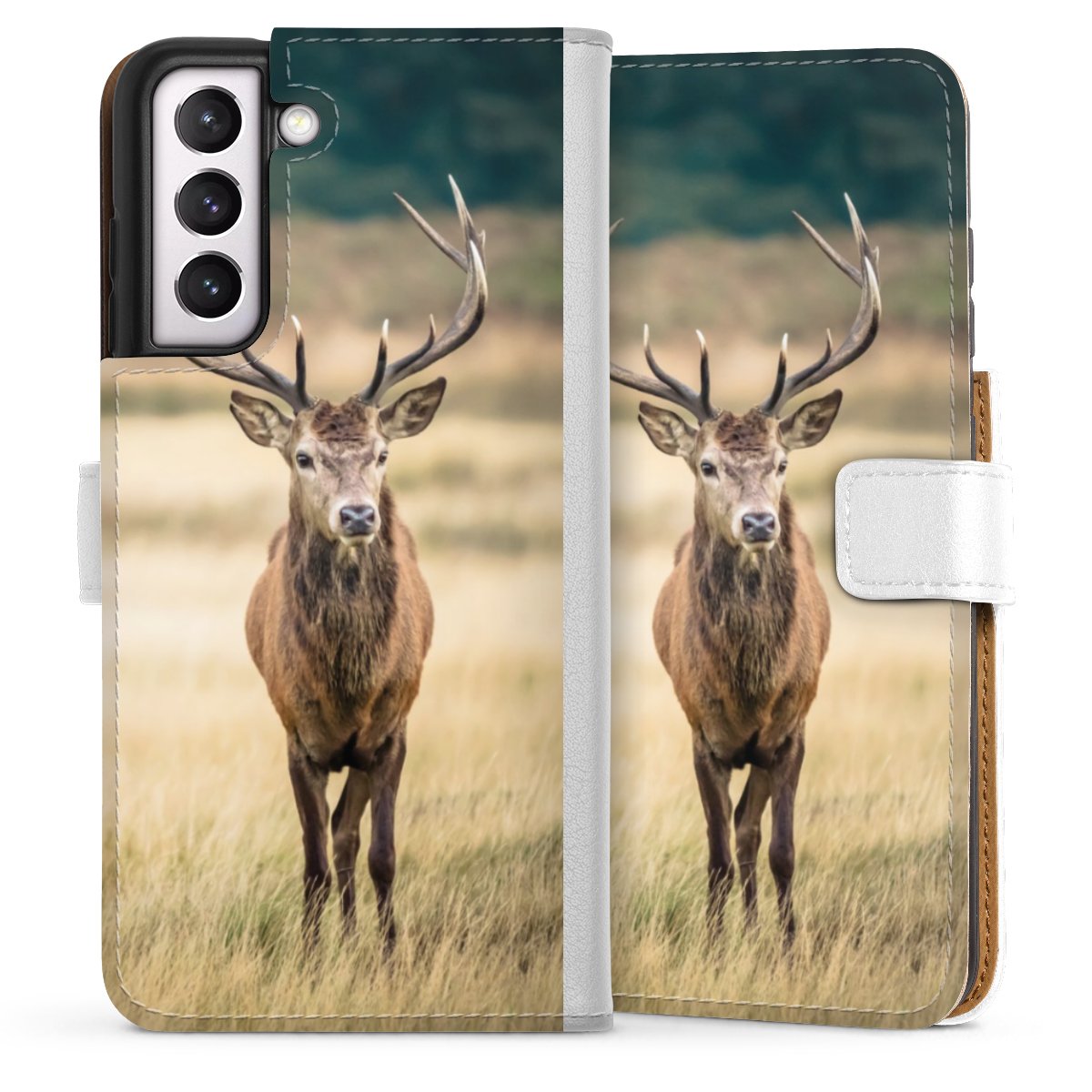 Galaxy S21 FE 5G Handy Klapphülle Handyhülle aus Kunst Leder weiß Flip Case Deer Meadow Forrest Sideflip mit Lasche