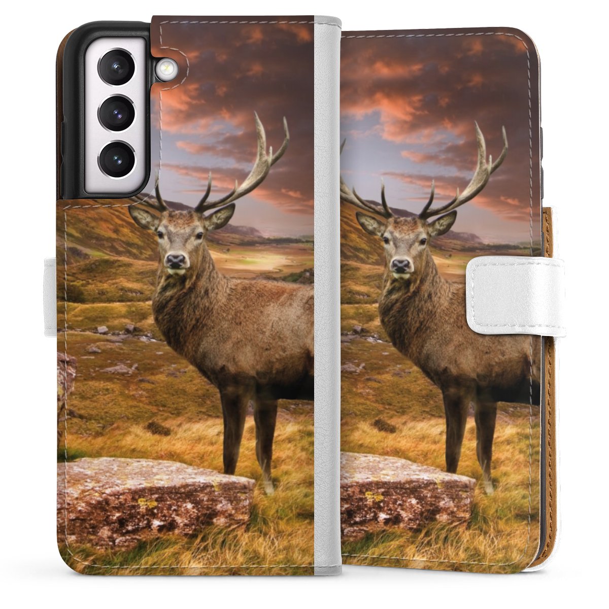 Galaxy S21 FE 5G Handy Klapphülle Handyhülle aus Kunst Leder weiß Flip Case Meadow Mountain Deer Sideflip mit Lasche