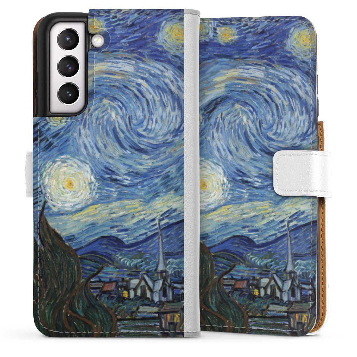 Galaxy S21 FE 5G Handy Klapphülle Handyhülle aus Kunst Leder weiß Flip Case The Starry Night Kunst Vincent Van Gogh Sideflip mit Lasche