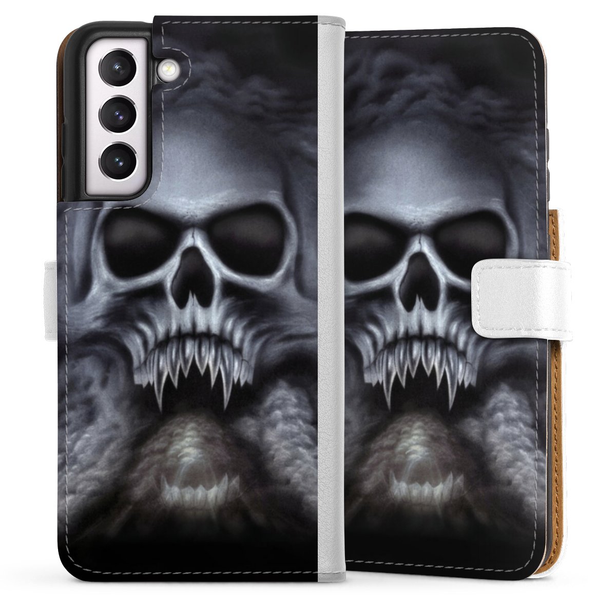 Galaxy S21 FE 5G Handy Klapphülle Handyhülle aus Kunst Leder weiß Flip Case Totenkopf Skull Sideflip mit Lasche