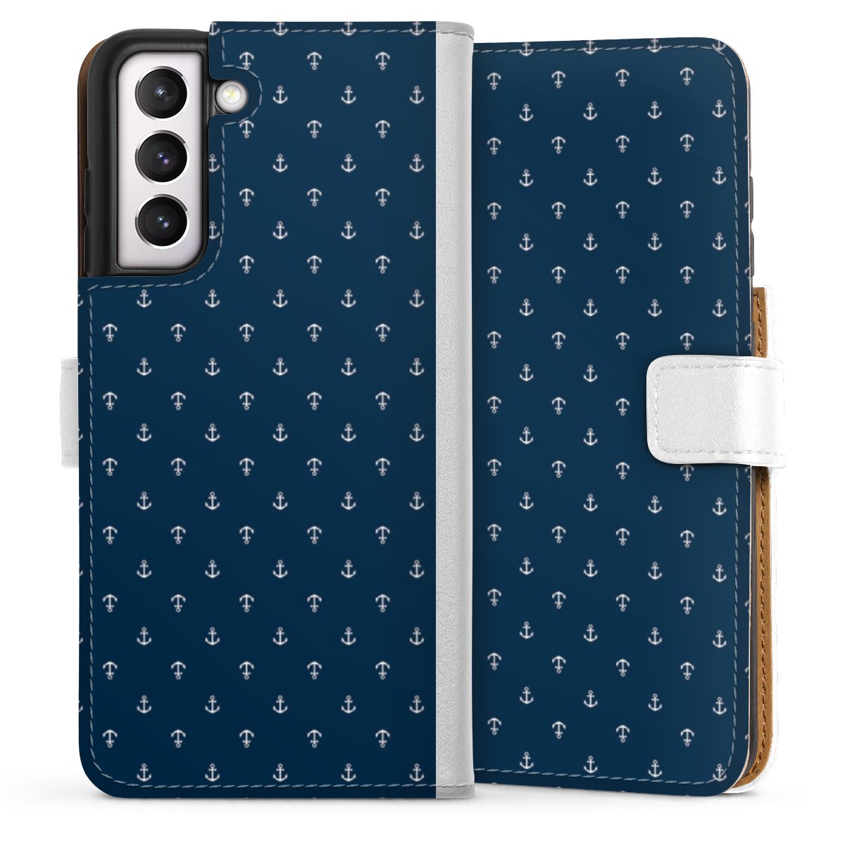 Galaxy S21 FE 5G Handy Klapphülle Handyhülle aus Kunst Leder weiß Flip Case Muster Anchor Sail Sideflip mit Lasche