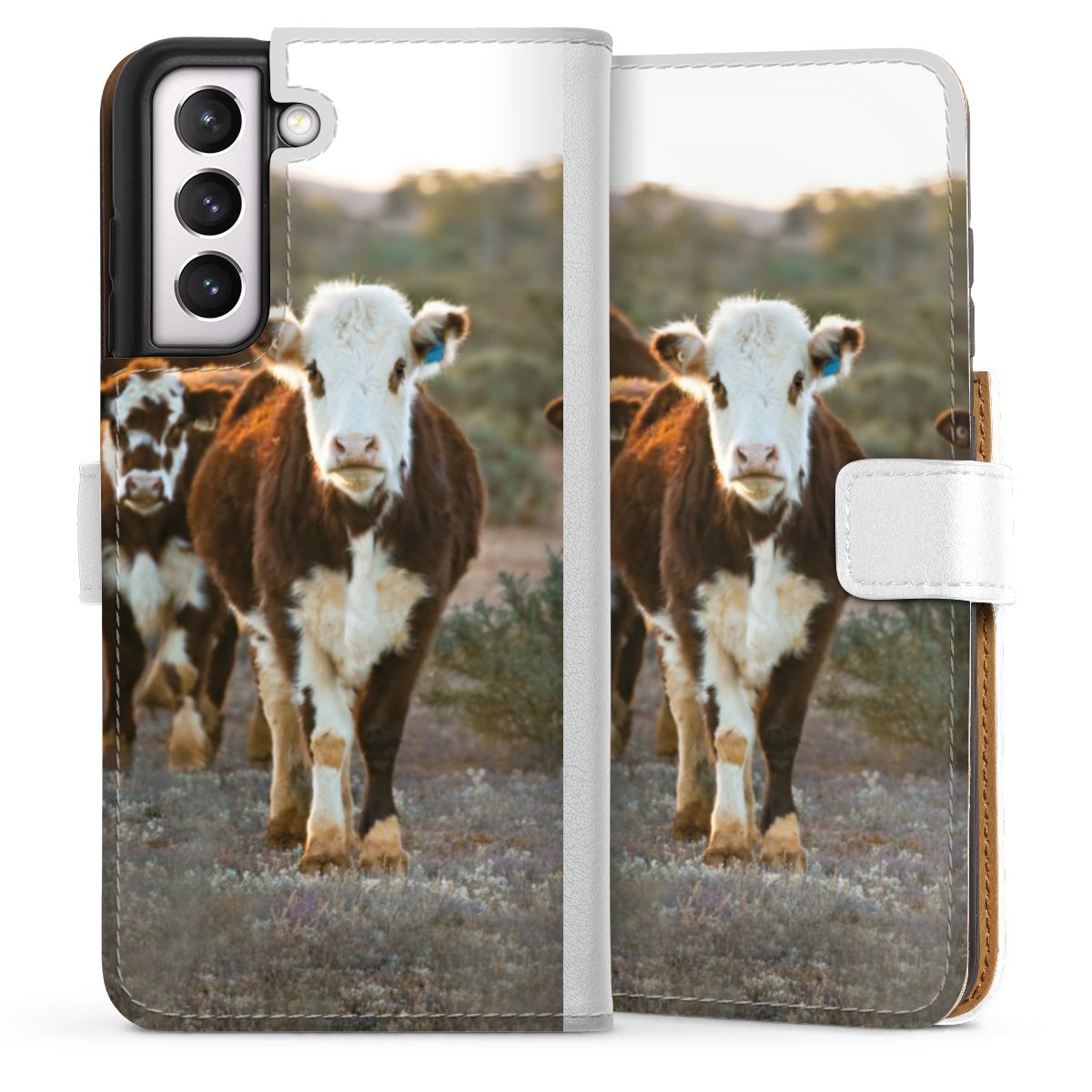 Galaxy S21 FE 5G Handy Klapphülle Handyhülle aus Kunst Leder weiß Flip Case Cow Farmer Calf Sideflip mit Lasche