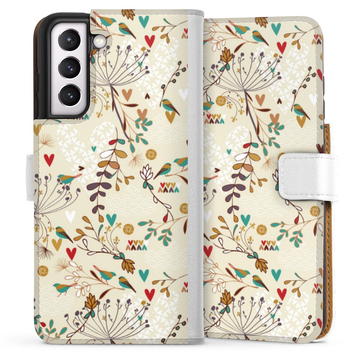 Galaxy S21 FE 5G Handy Klapphülle Handyhülle aus Kunst Leder weiß Flip Case Bird Flowers Retro Sideflip mit Lasche