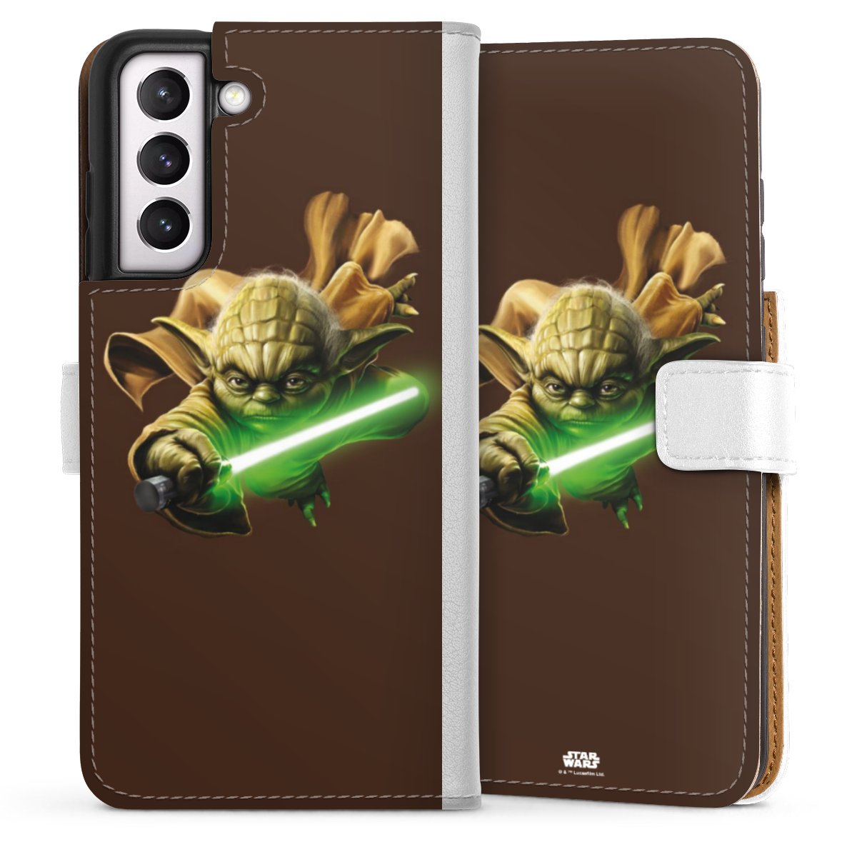 Galaxy S21 FE 5G Handy Klapphülle Handyhülle aus Kunst Leder weiß Flip Case Yoda Merchandise Star Wars Sideflip mit Lasche