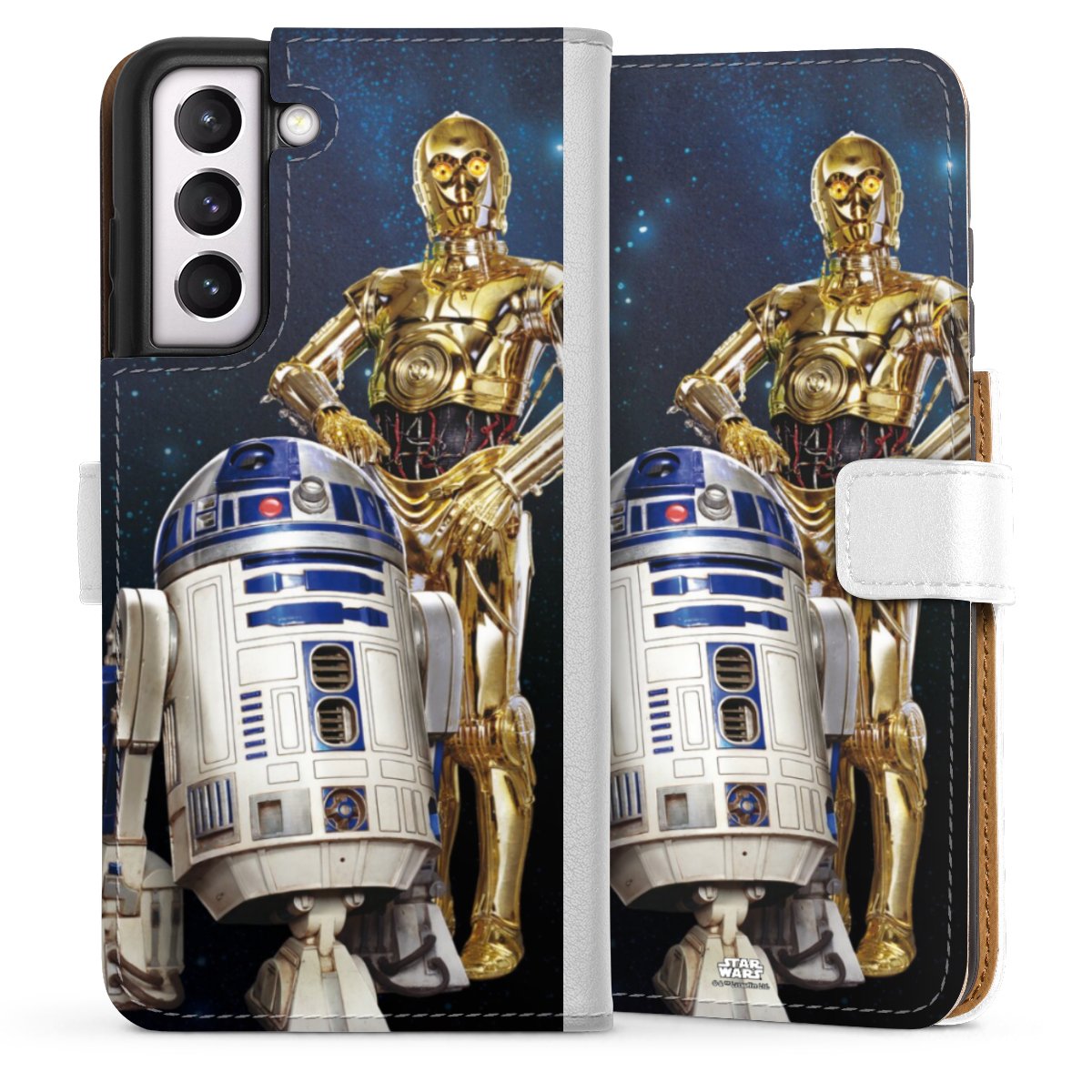 Galaxy S21 FE 5G Handy Klapphülle Handyhülle aus Kunst Leder weiß Flip Case Weltall Star Wars R2d2 Sideflip mit Lasche