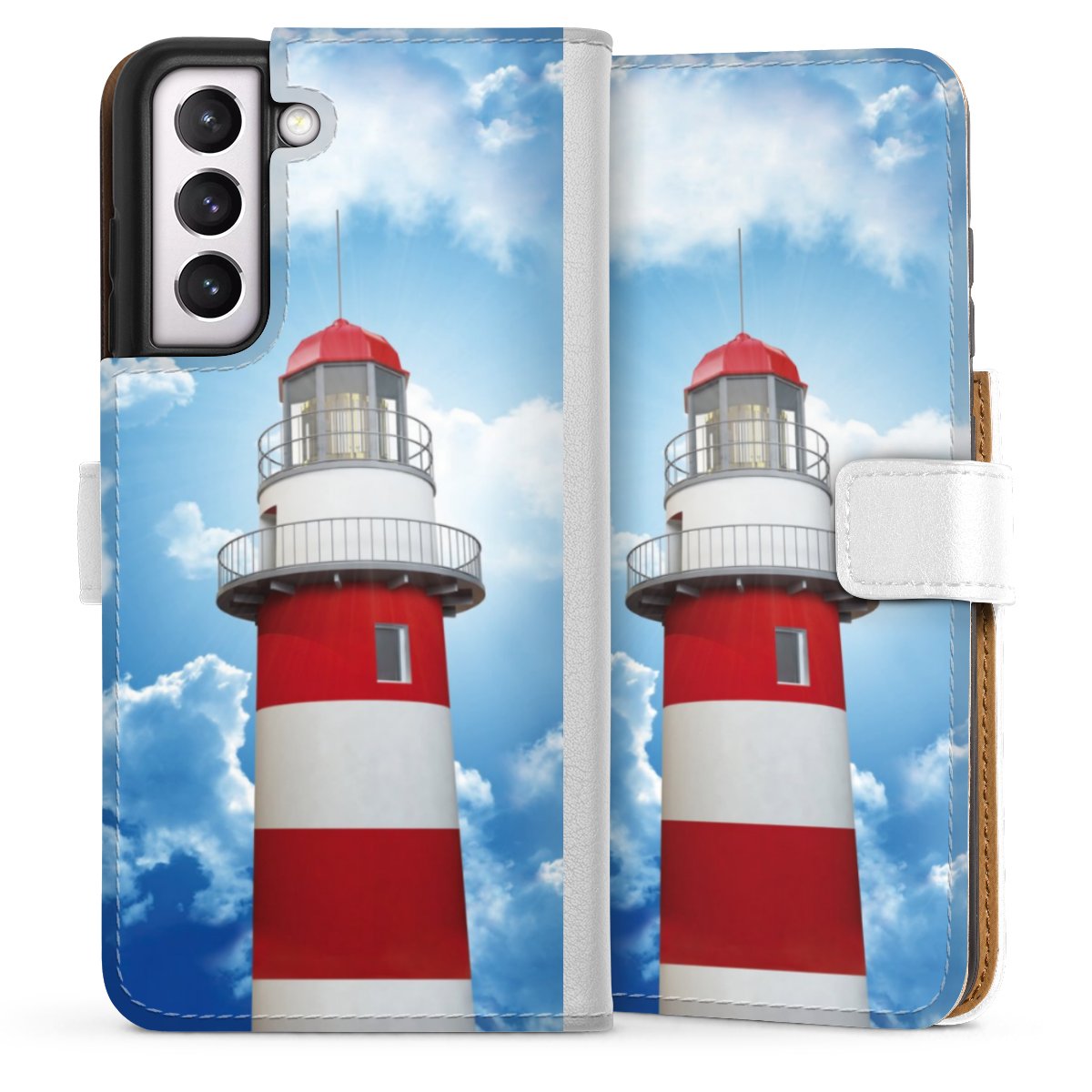 Galaxy S21 FE 5G Handy Klapphülle Handyhülle aus Kunst Leder weiß Flip Case Lighthouse Sky Cloud Sideflip mit Lasche