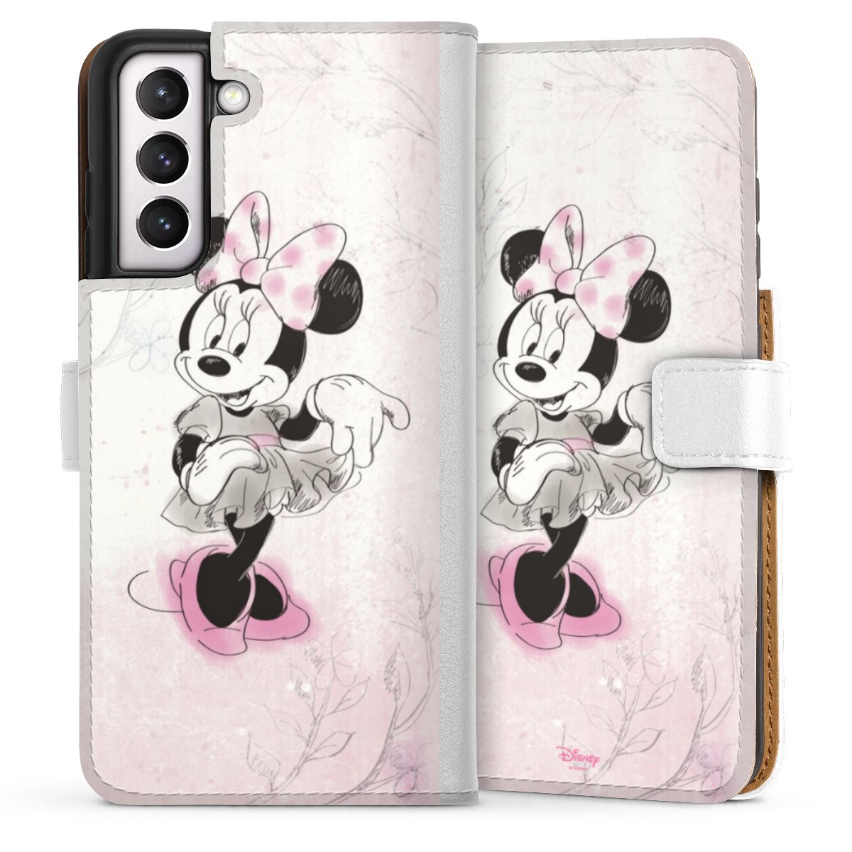 Galaxy S21 FE 5G Handy Klapphülle Handyhülle aus Kunst Leder weiß Flip Case Disney Minnie Mouse Vintage Sideflip mit Lasche