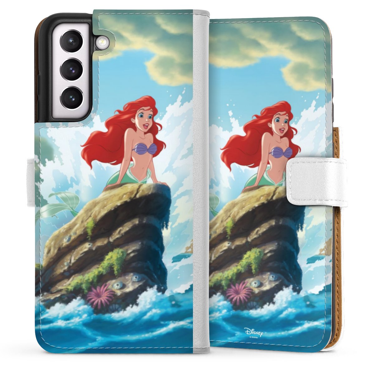 Galaxy S21 FE 5G Handy Klapphülle Handyhülle aus Kunst Leder weiß Flip Case Mermaid Arielle Die Meerjungfrau Official Licensed Product Sideflip mit Lasche