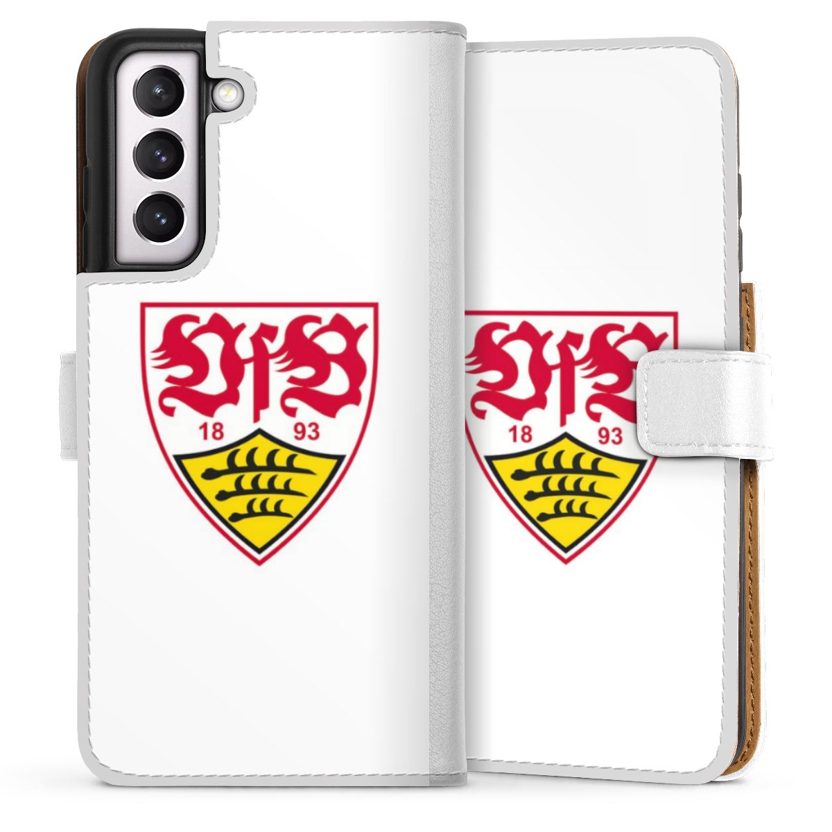 Galaxy S21 FE 5G Handy Klapphülle Handyhülle aus Kunst Leder weiß Flip Case Logo Official Licensed Product Vfb Stuttgart Sideflip mit Lasche