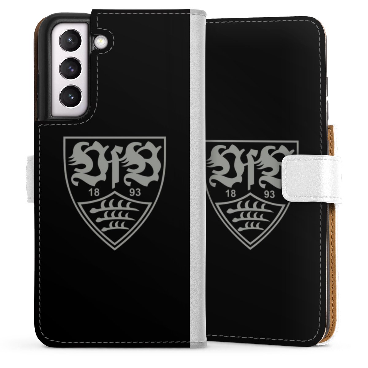 Galaxy S21 FE 5G Handy Klapphülle Handyhülle aus Kunst Leder weiß Flip Case Official Licensed Product Vfb Stuttgart Sideflip mit Lasche