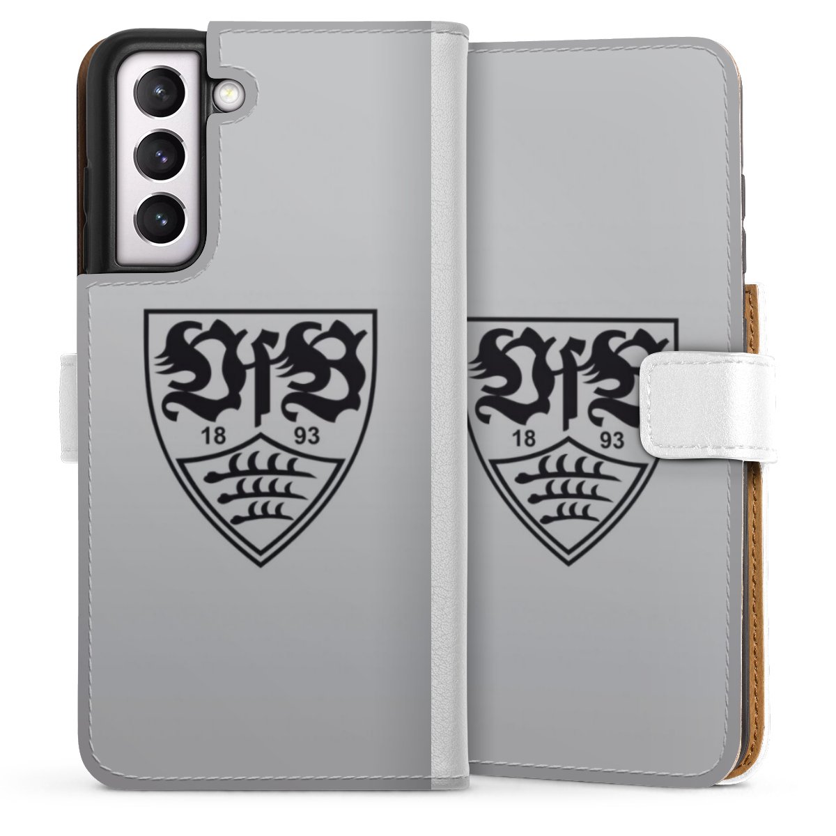 Galaxy S21 FE 5G Handy Klapphülle Handyhülle aus Kunst Leder weiß Flip Case Logo Vfb Stuttgart Official Licensed Product Sideflip mit Lasche