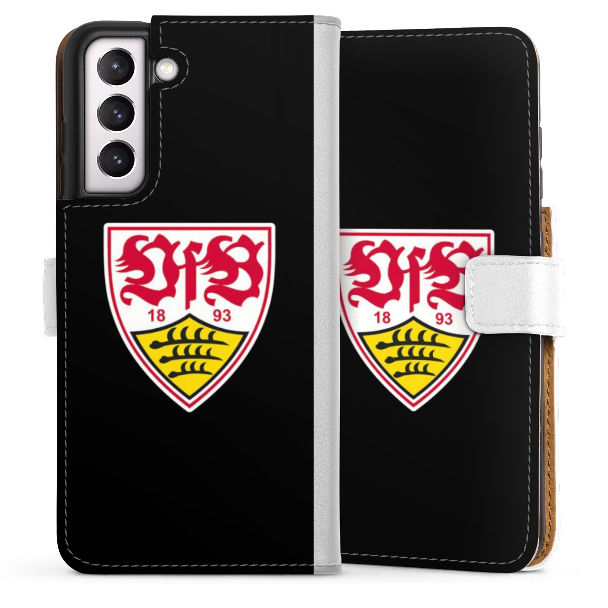 Galaxy S21 FE 5G Handy Klapphülle Handyhülle aus Kunst Leder weiß Flip Case Vfb Stuttgart Official Licensed Product Coat Of Arms Sideflip mit Lasche