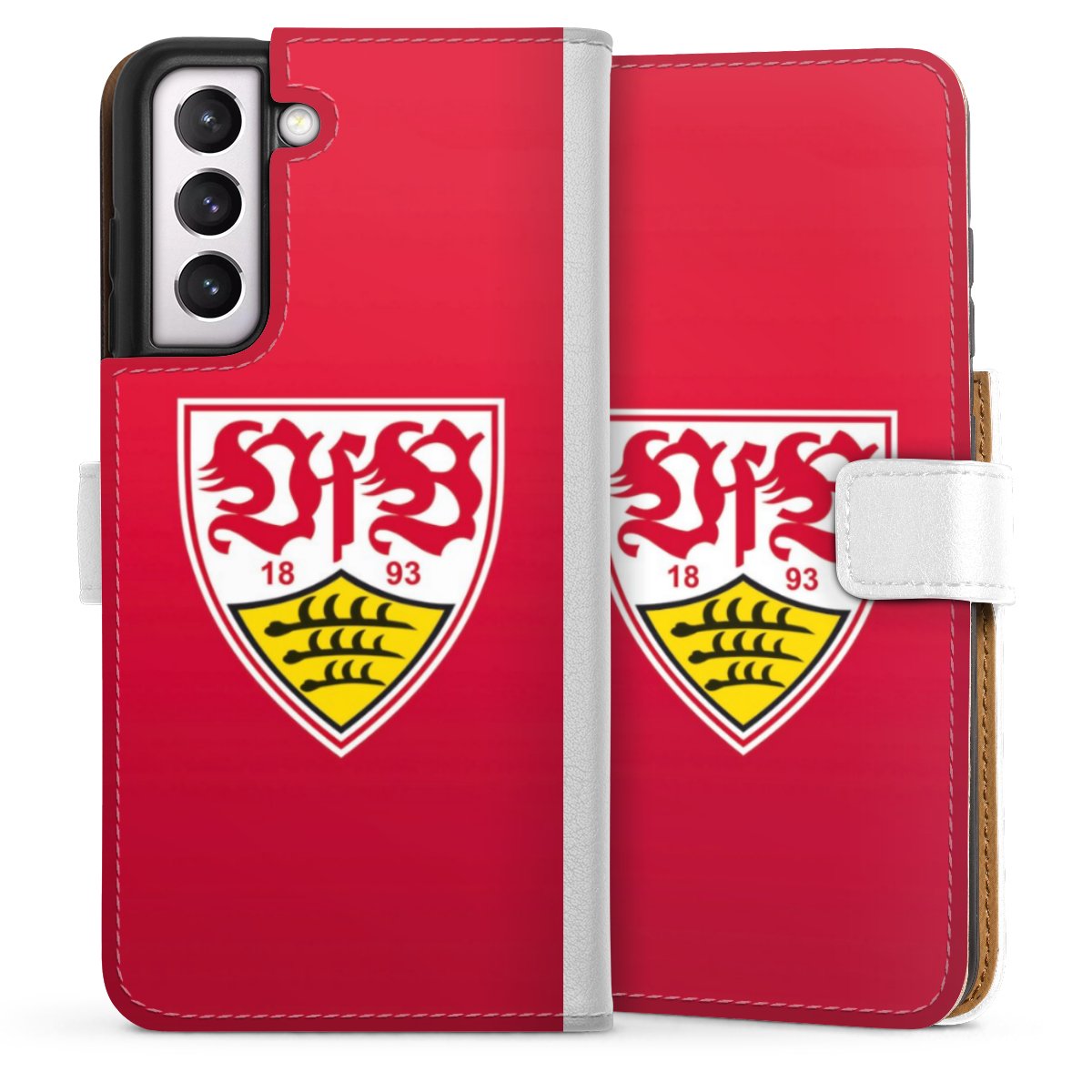 Galaxy S21 FE 5G Handy Klapphülle Handyhülle aus Kunst Leder weiß Flip Case Official Licensed Product Vfb Stuttgart Sideflip mit Lasche