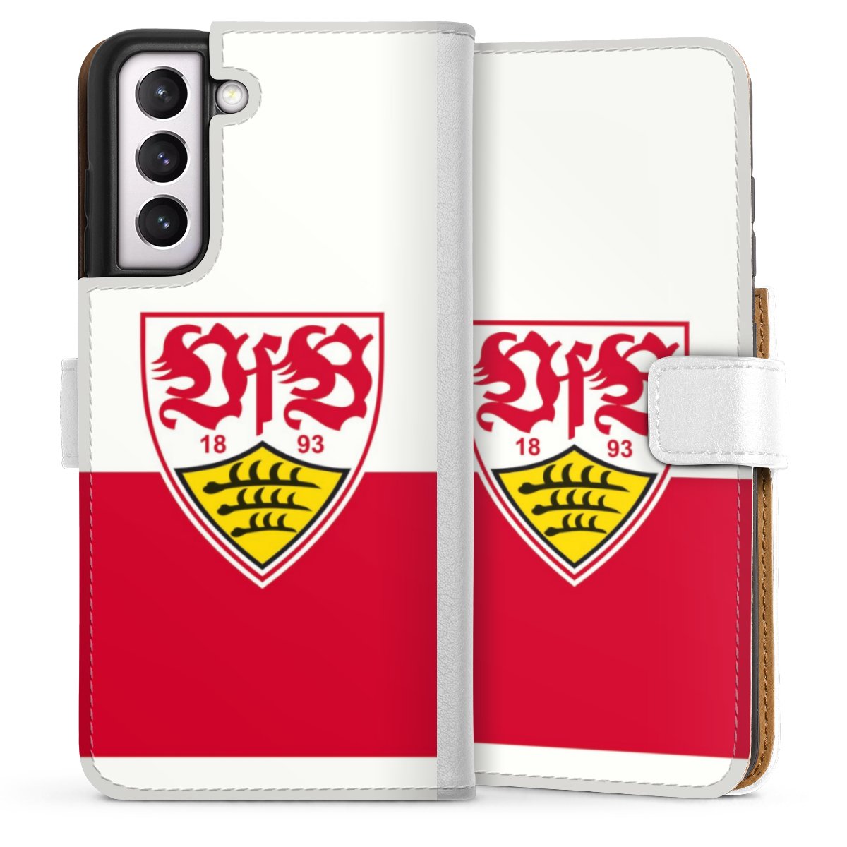 Galaxy S21 FE 5G Handy Klapphülle Handyhülle aus Kunst Leder weiß Flip Case Official Licensed Product Logo Vfb Stuttgart Sideflip mit Lasche