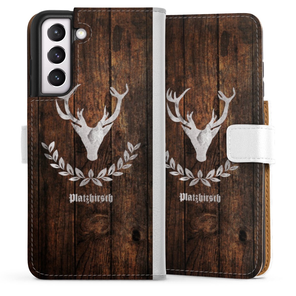 Galaxy S21 FE 5G Handy Klapphülle Handyhülle aus Kunst Leder weiß Flip Case Deer Wood Wooden Look Sideflip mit Lasche