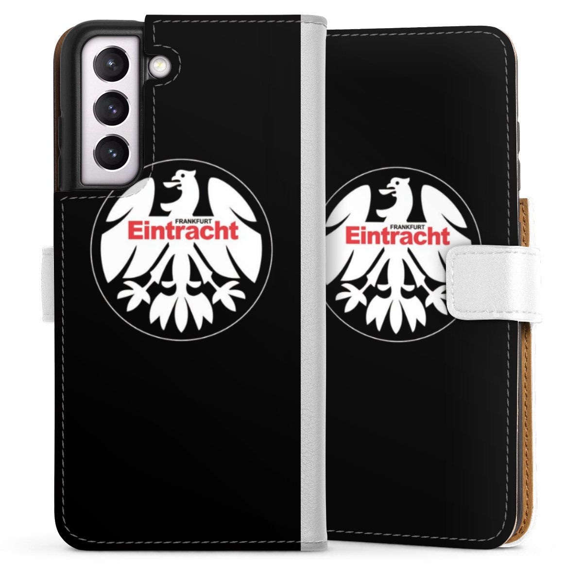 Galaxy S21 FE 5G Handy Klapphülle Handyhülle aus Kunst Leder weiß Flip Case Official Licensed Product Eintracht Frankfurt Sge Sideflip mit Lasche