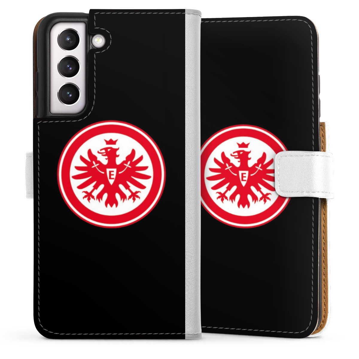 Galaxy S21 FE 5G Handy Klapphülle Handyhülle aus Kunst Leder weiß Flip Case Eintracht Frankfurt Sge Eagle Sideflip mit Lasche