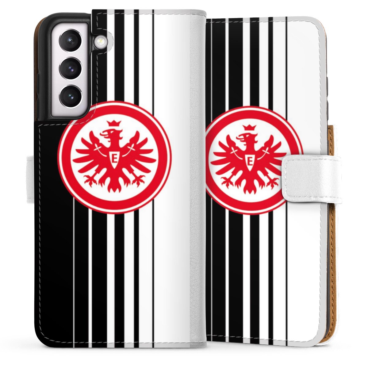 Galaxy S21 FE 5G Handy Klapphülle Handyhülle aus Kunst Leder weiß Flip Case Stripes Eintracht Frankfurt Official Licensed Product Sideflip mit Lasche