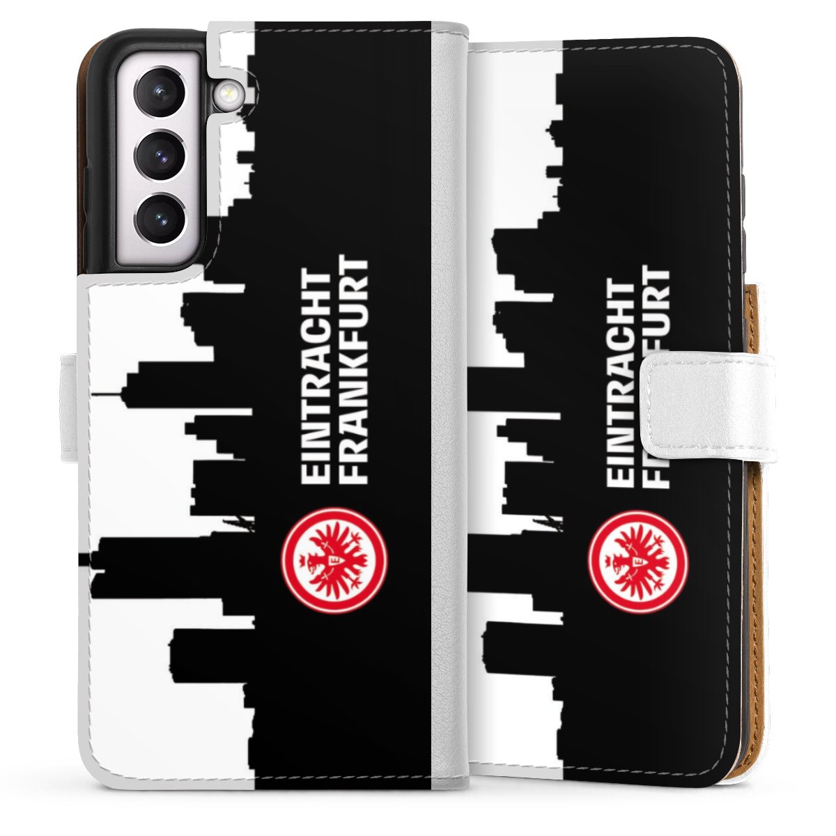 Galaxy S21 FE 5G Handy Klapphülle Handyhülle aus Kunst Leder weiß Flip Case Sge Eintracht Frankfurt Official Licensed Product Sideflip mit Lasche