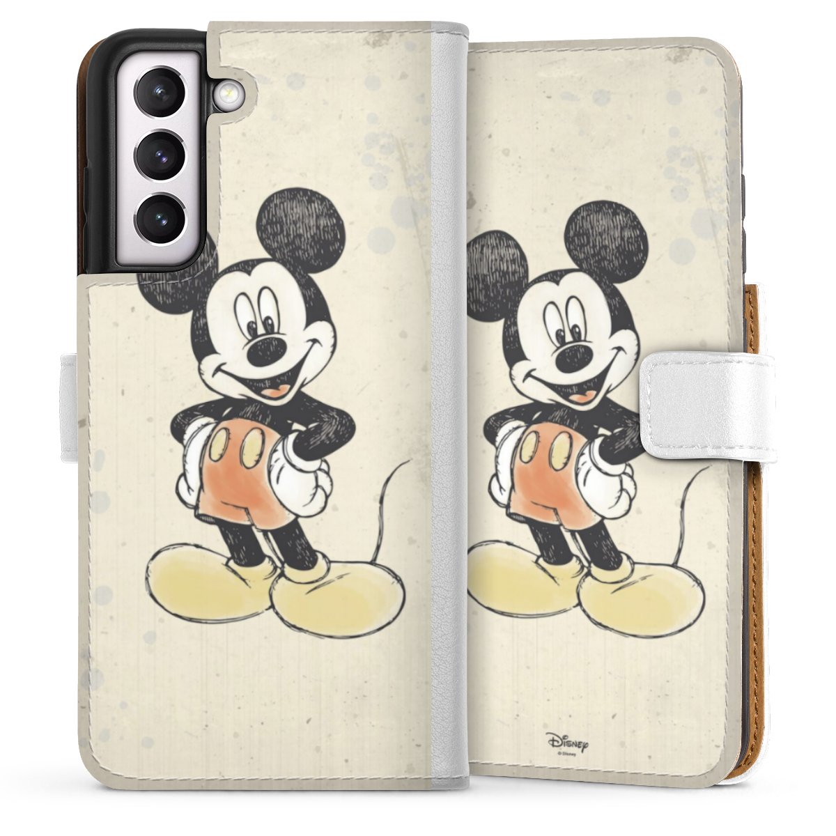 Galaxy S21 FE 5G Handy Klapphülle Handyhülle aus Kunst Leder weiß Flip Case Water Colour Mickey & Minnie Mouse Official Licensed Product Sideflip mit Lasche